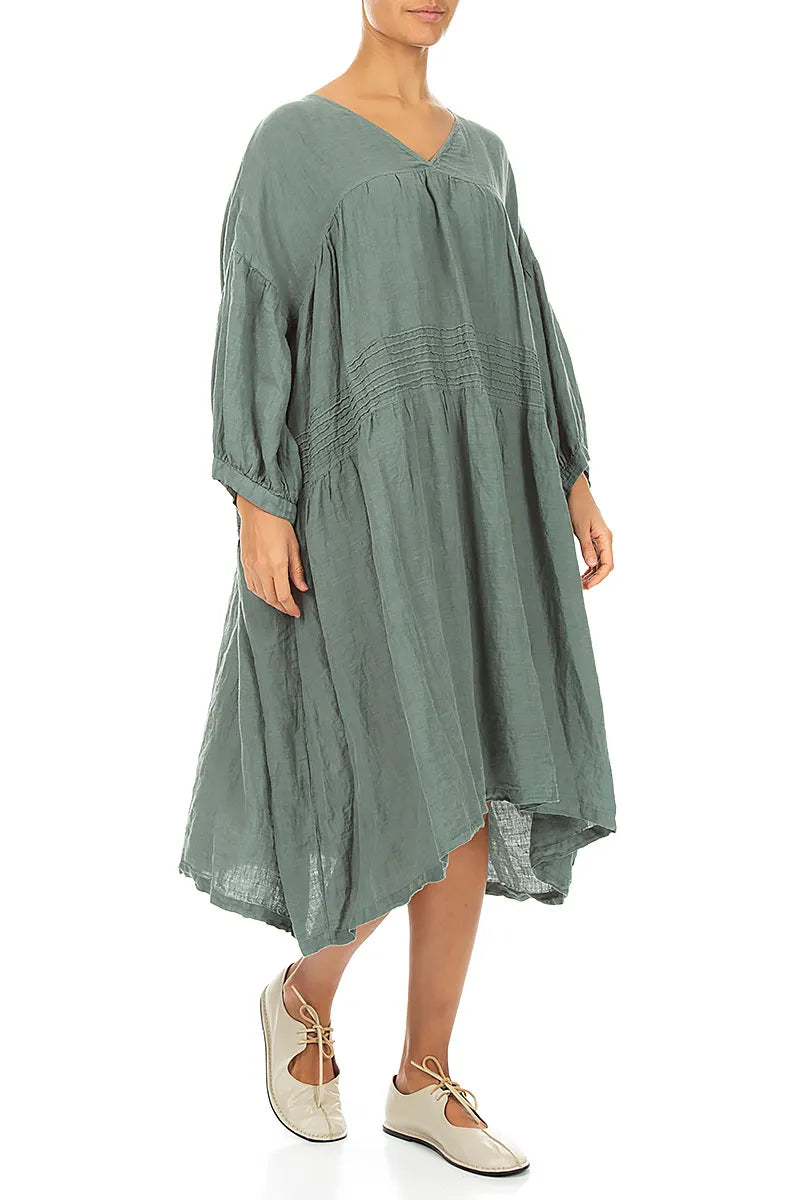 V-Neck Sage Pintuck Linen Dress 3