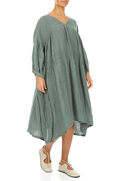 V-Neck Sage Pintuck Linen Dress 3