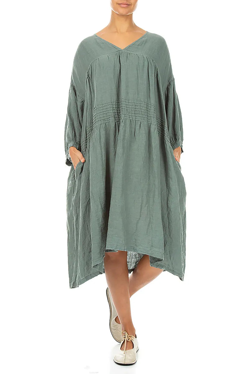 V-Neck Sage Pintuck Linen Dress 4