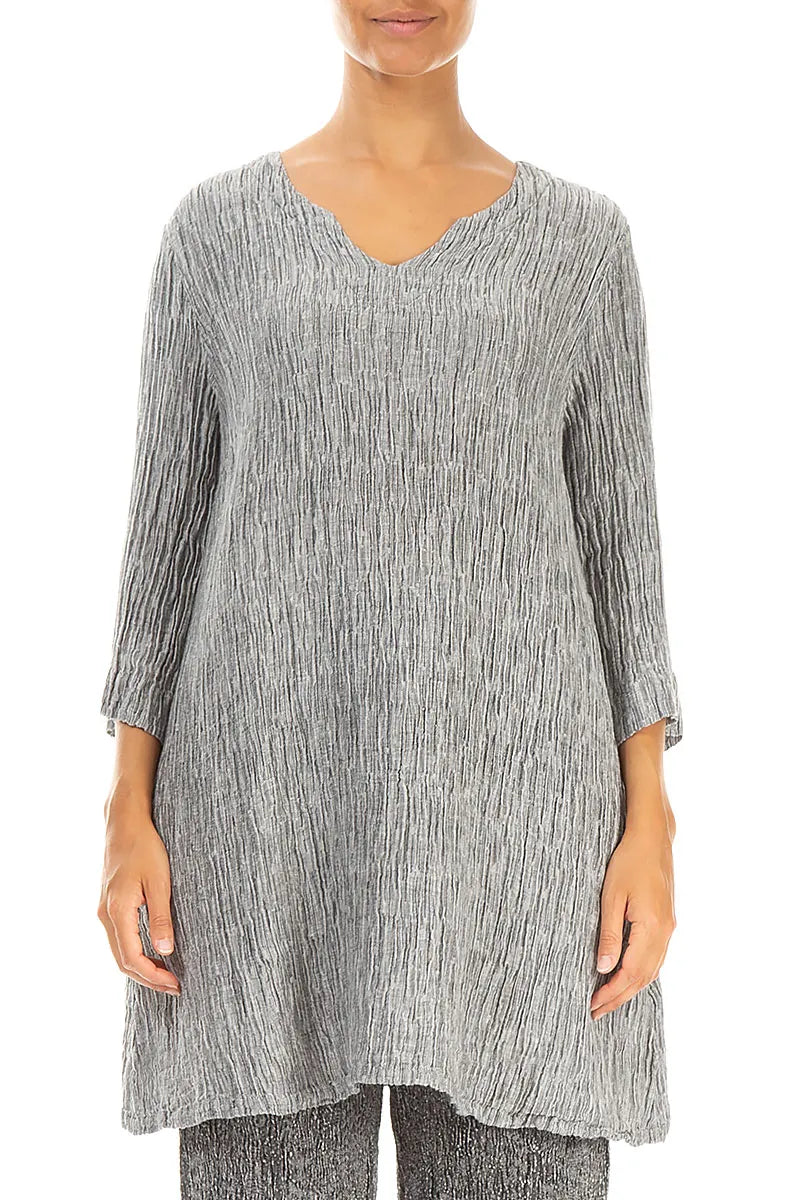 V-Neck Silver Crinkled Silk Tunic