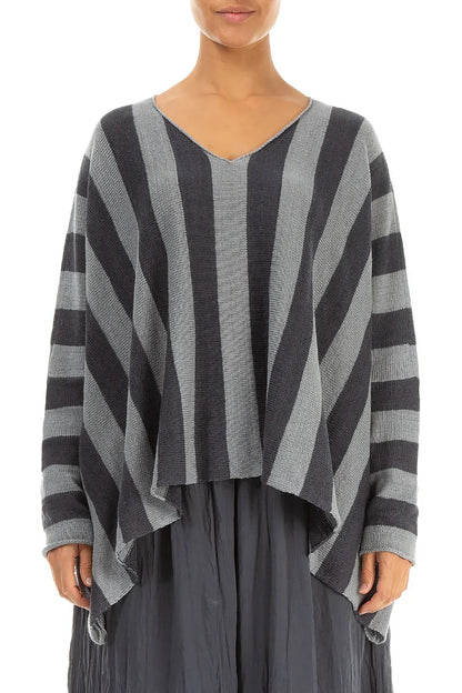 V-Neck Striped Light Grey Linen Jumper 2