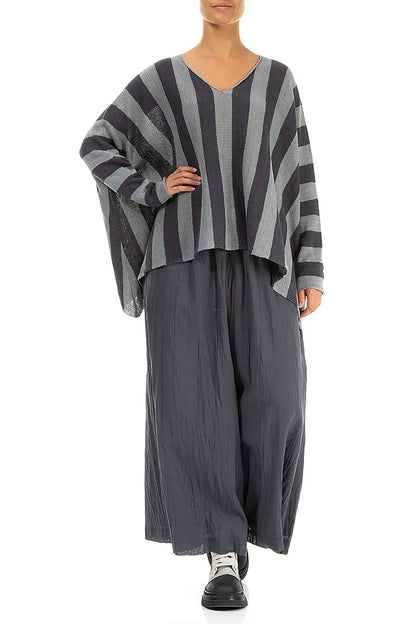 V-Neck Striped Light Grey Linen Jumper 5