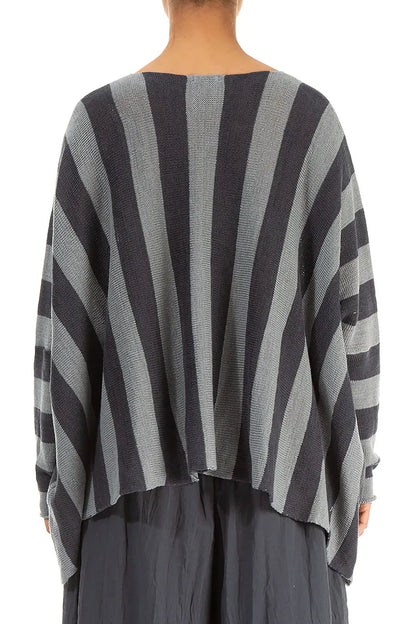 V-Neck Striped Light Grey Linen Jumper 3