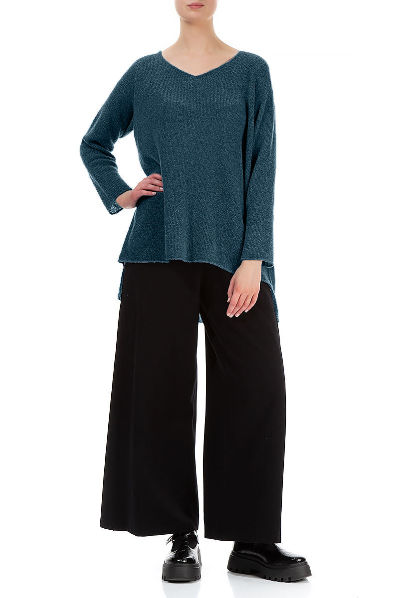 Längerer, hinten V-Ausschnitt, petrolfarbener Wollpullover