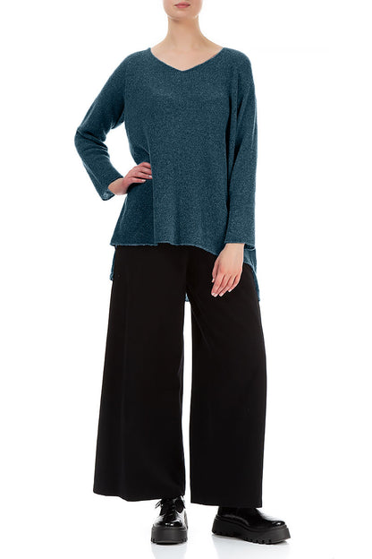 Längerer, hinten V-Ausschnitt, petrolfarbener Wollpullover