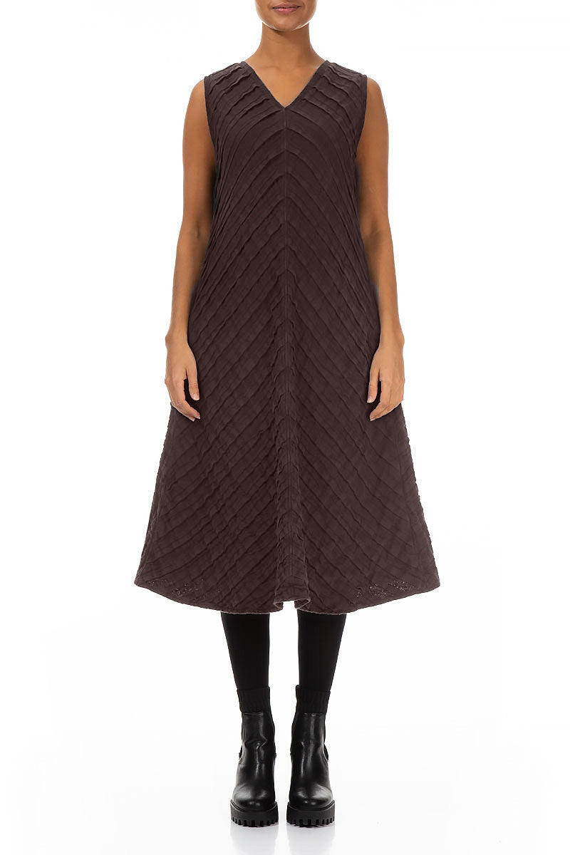 V-Neck Truffle Brown Pleated Linen Dress 1