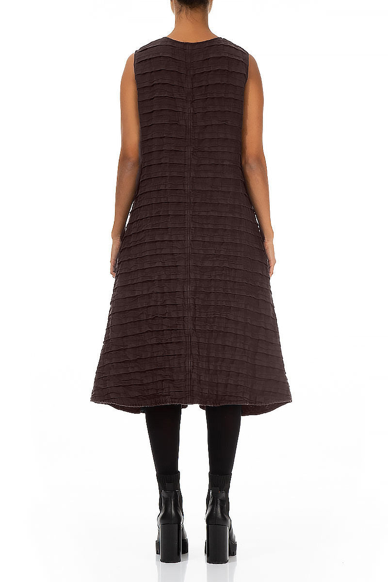 V-Neck Truffle Brown Pleated Linen Dress