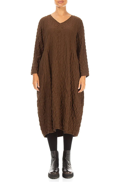 V-Neck Truffle Brown Pleated Silk Bamboo Dress