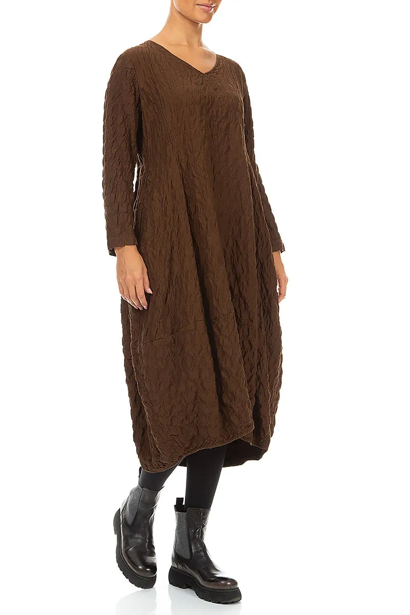 V-Neck Truffle Brown Pleated Silk Bamboo Dress 4