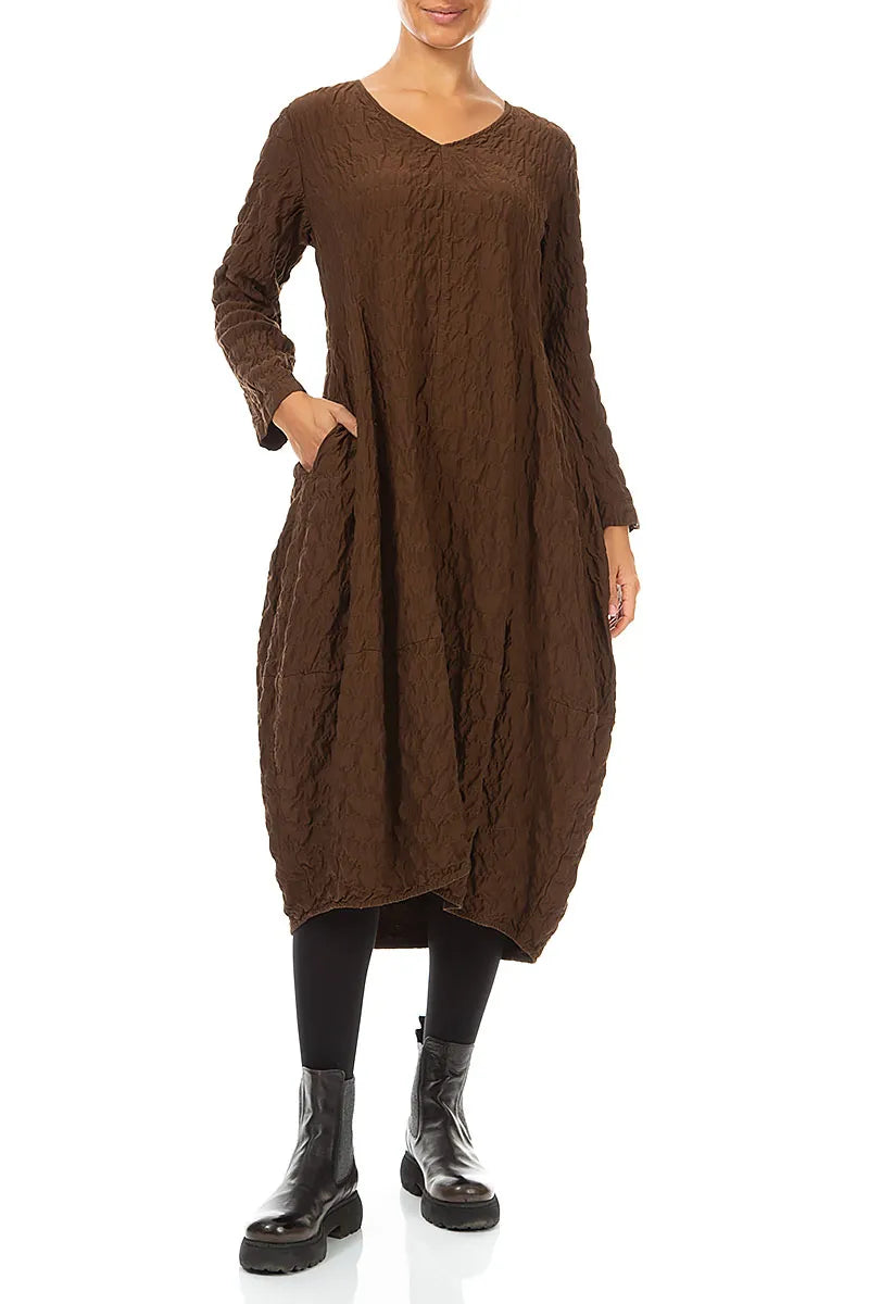 V-Neck Truffle Brown Pleated Silk Bamboo Dress 3