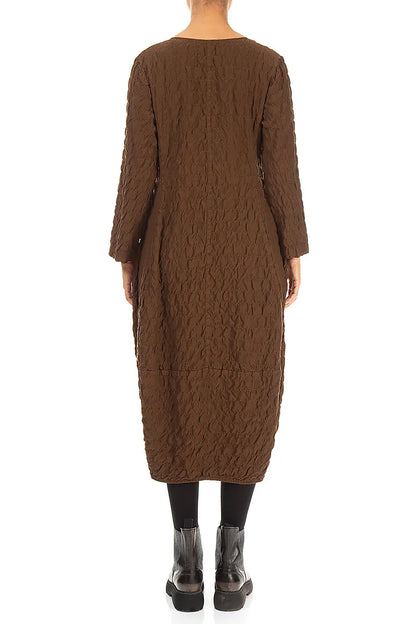 V-Neck Truffle Brown Pleated Silk Bamboo Dress