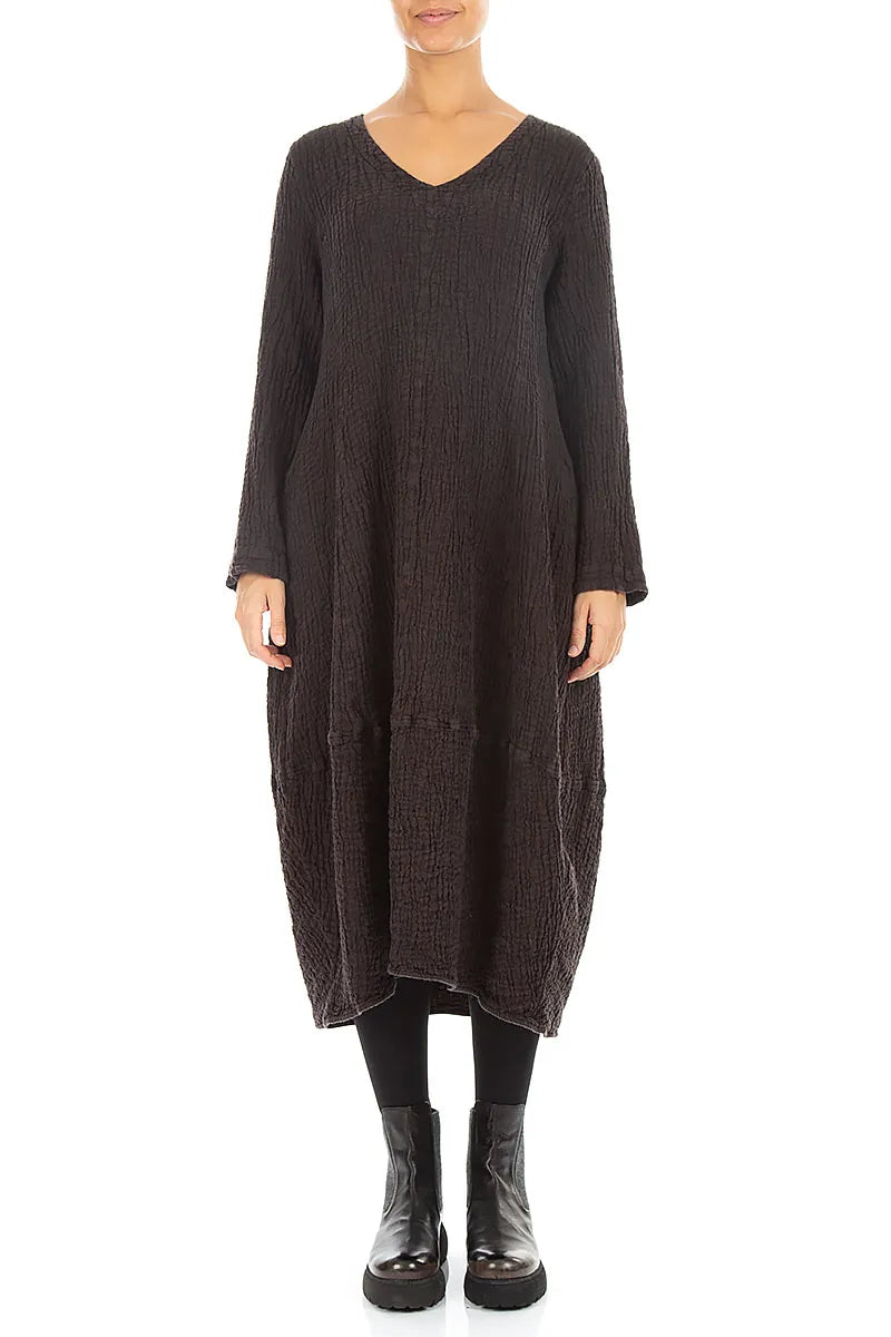 V-Neck Truffle Brown Textured Linen Dress