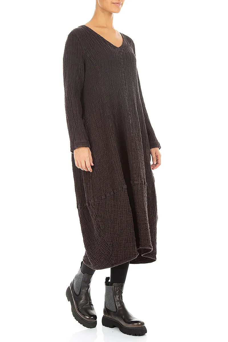 V-Neck Truffle Brown Textured Linen Dress