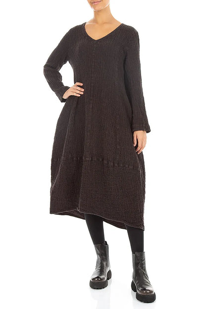 V-Neck Truffle Brown Textured Linen Dress