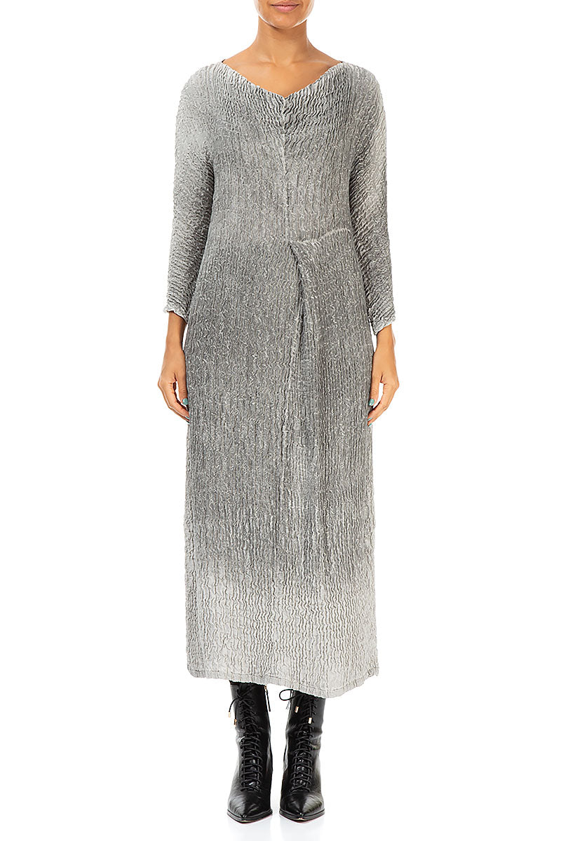 V-Neck Washed Out Crinkled Grey Silk Dress 1