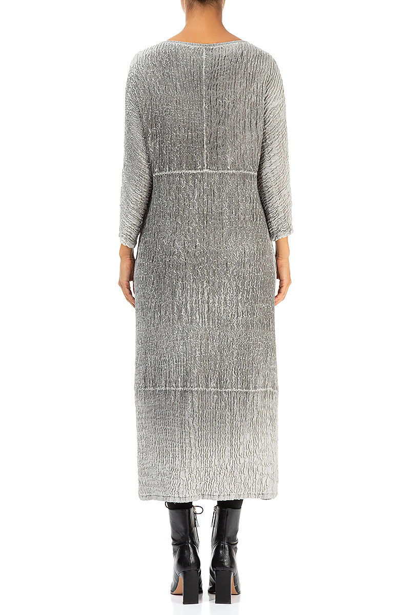 V-Neck Washed Out Crinkled Grey Silk Dress 2