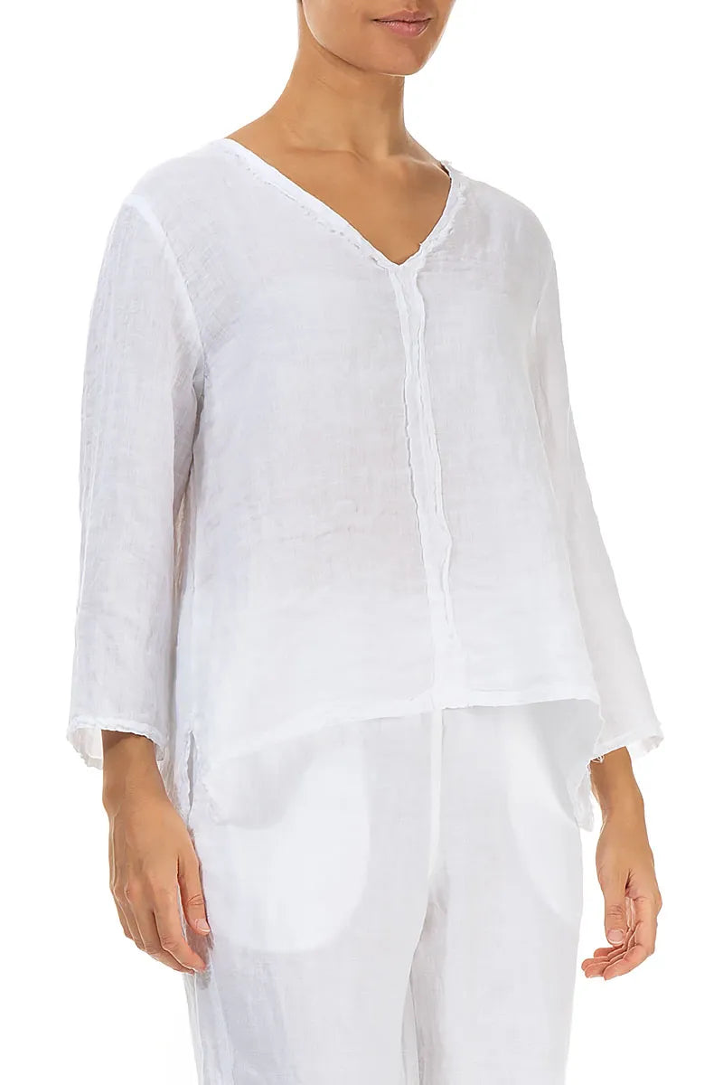 V-Neck White Linen Blouse