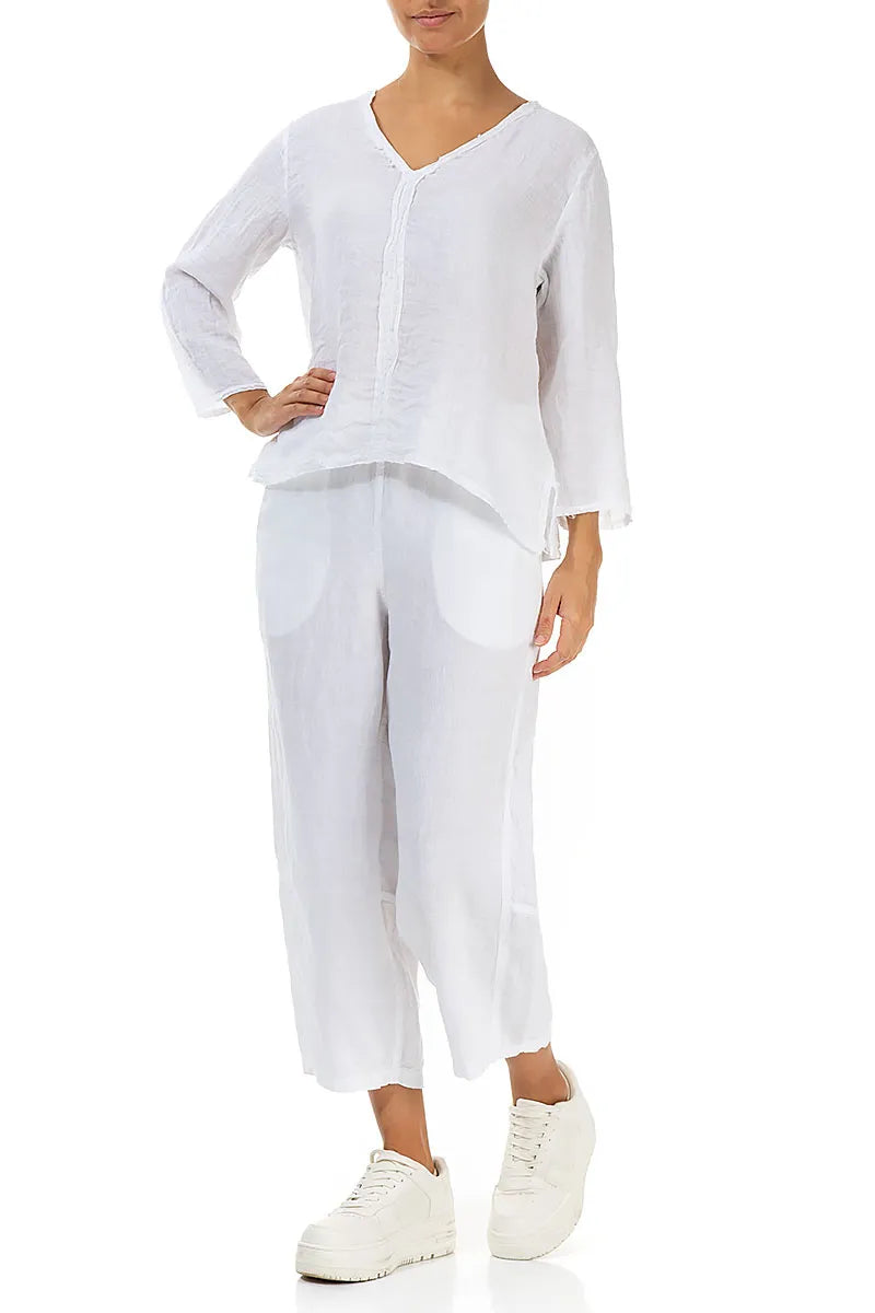V-Neck White Linen Blouse