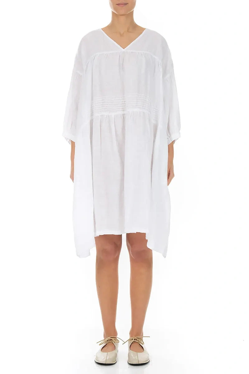 V-Neck White Pintuck Linen Dress 1