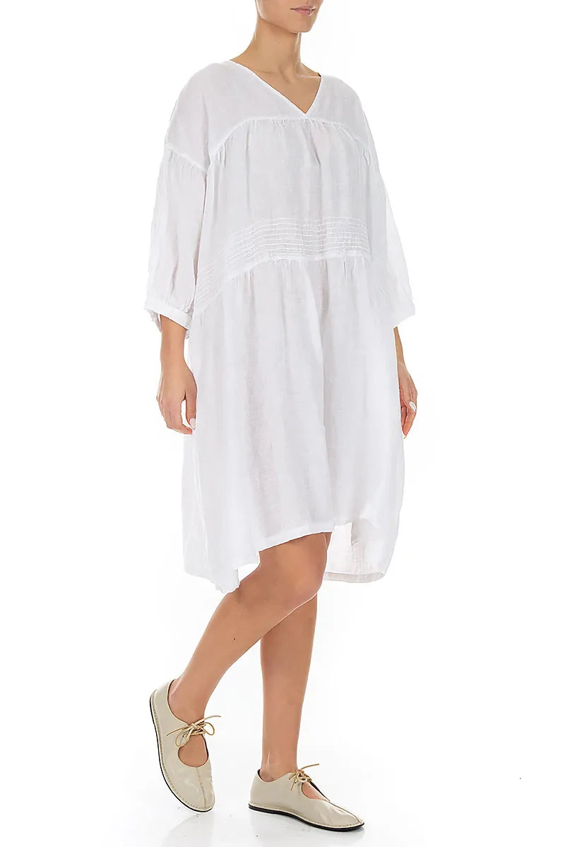 V-Neck White Pintuck Linen Dress 3
