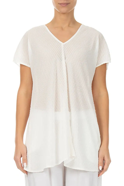V-Neck Off White Stripy Silk Viscose Blouse 1