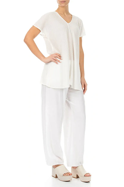 V-Neck Off White Stripy Silk Viscose Blouse 4