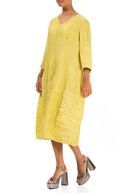 V-Neck Crinkled Cyber Lime Silk Linen Dress 3