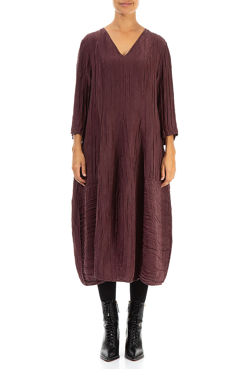 V-Neck Crinkled Maroon Silk Linen Dress 1
