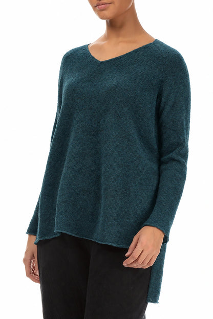 Pull en laine turquoise à col en V et dos plus long