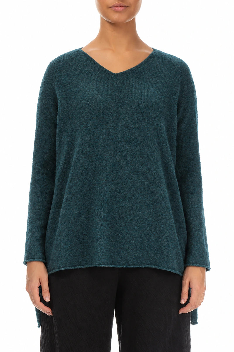 Pull en laine turquoise à col en V et dos plus long