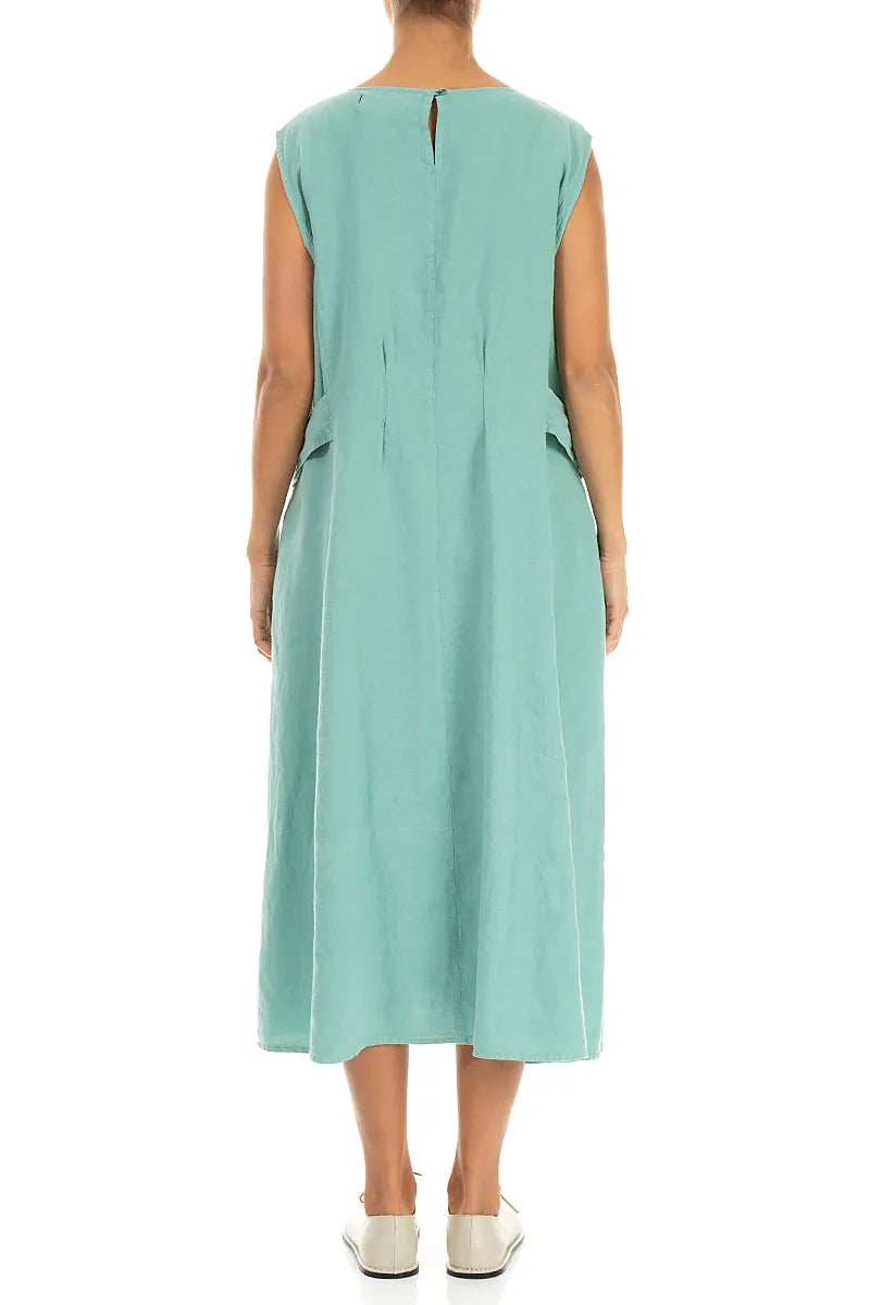 Waist Detail Sleeveless Mint Linen Dress 2