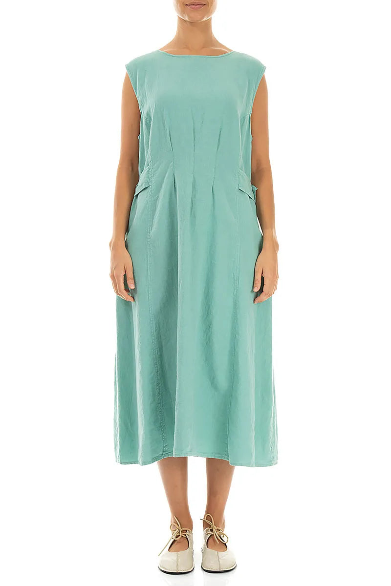 Waist Detail Sleeveless Mint Linen Dress 1