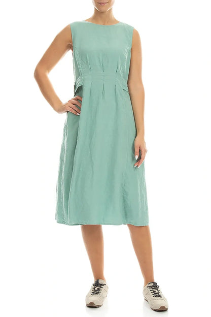 Ärmelloses Leinenkleid in Mint mit Taillendetail