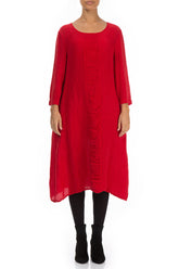 Cherry Red Waves Silk Linen Dress 1