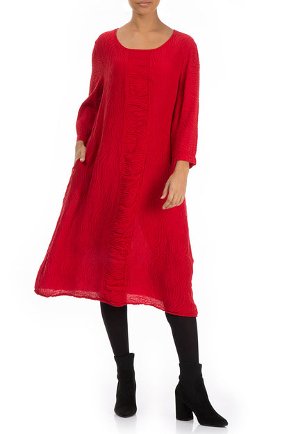 Cherry Red Waves Silk Linen Dress 3