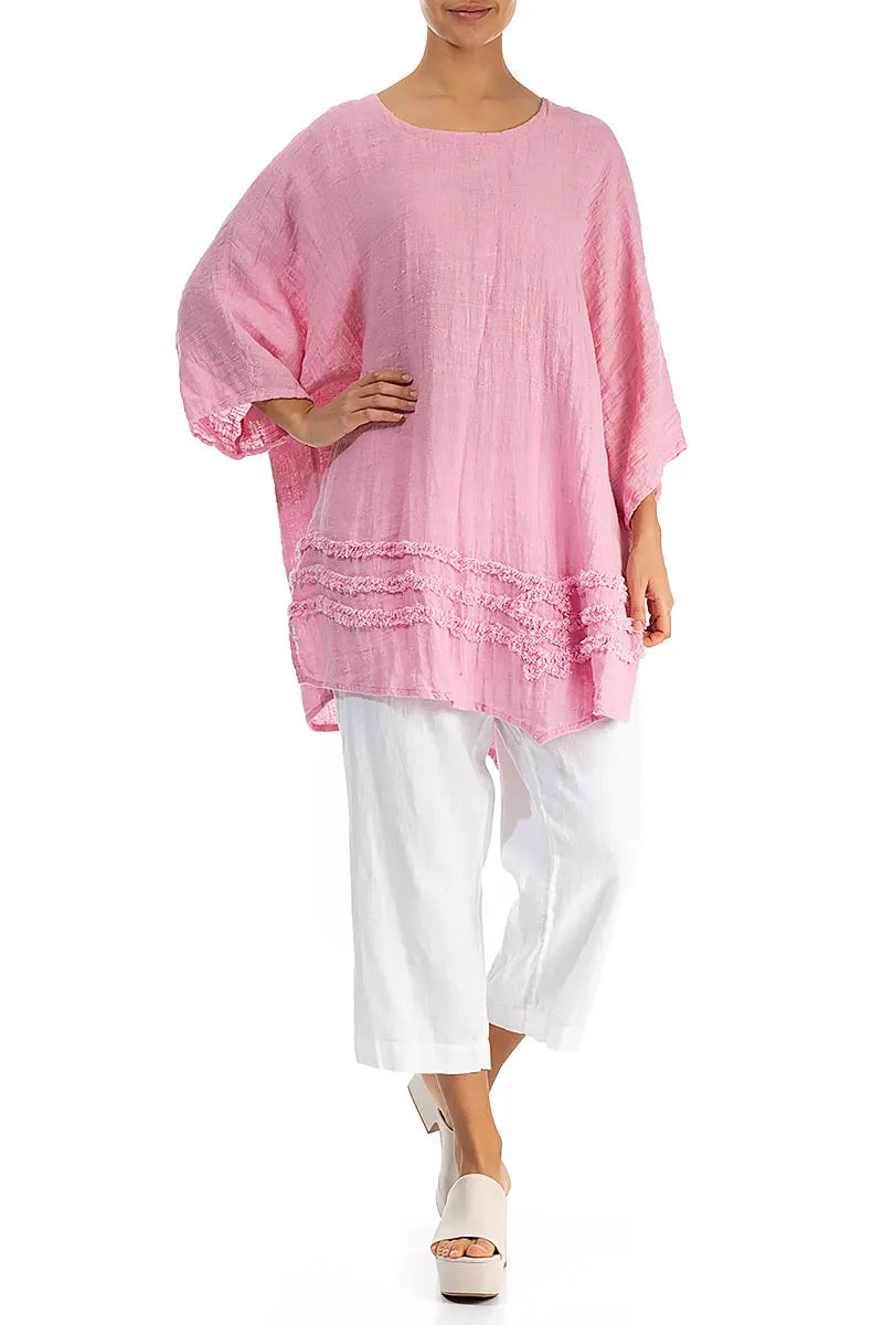 Wavy Line Decorated Taffy Pink Linen Tunic 4