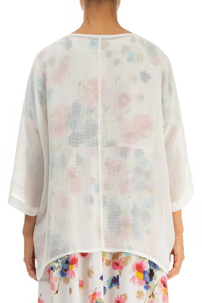 White Centre Placket Mesh Silk Jacket 3