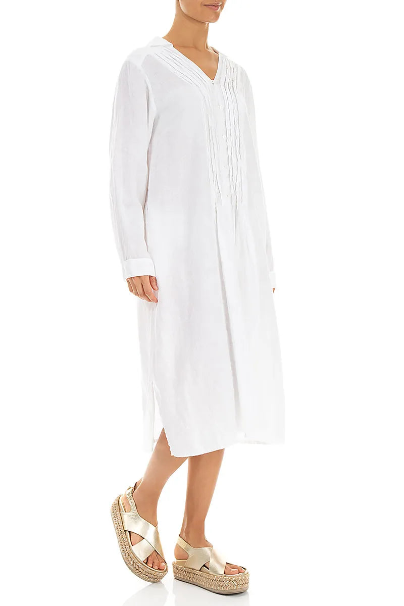 White Pintuck Linen Shirt Dress 3