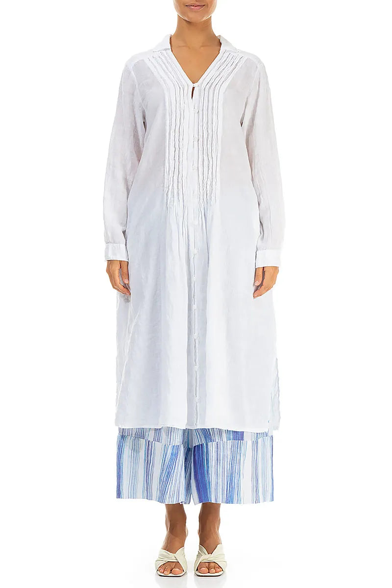 White Pintuck Linen Shirt Dress