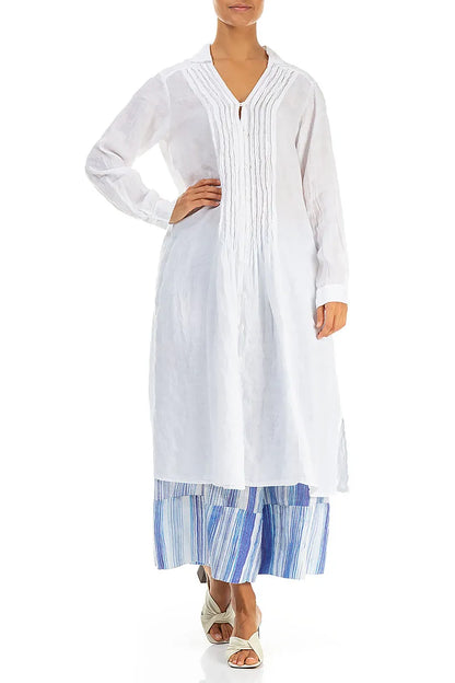 White Pintuck Linen Shirt Dress