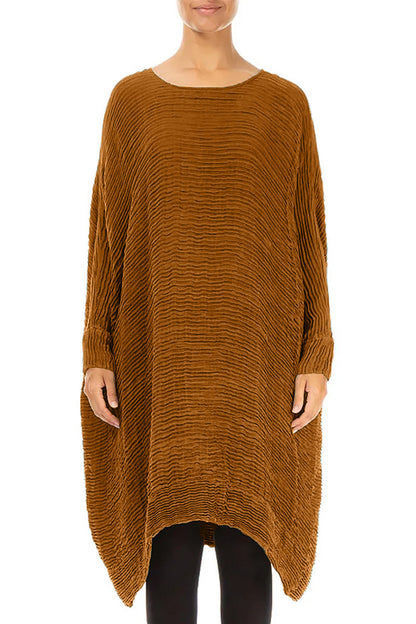Wide Aged Copper Plissé Silk Kaftan Dress 1