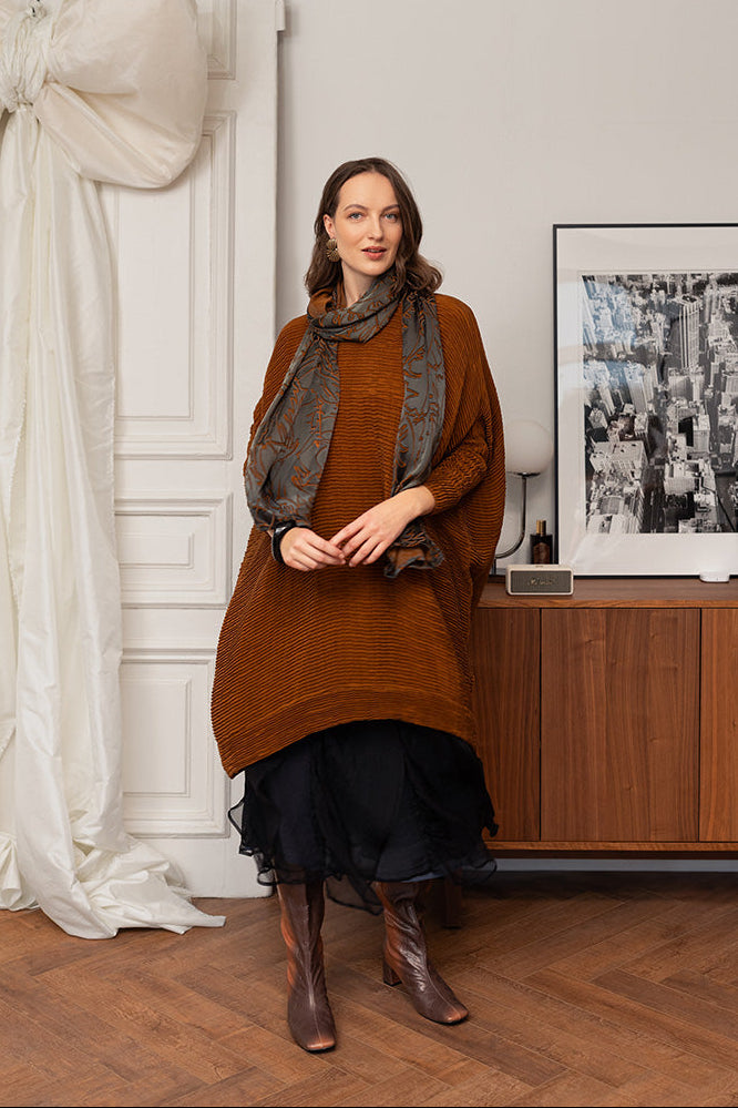 Wide Aged Copper Plissé Silk Kaftan Dress 1