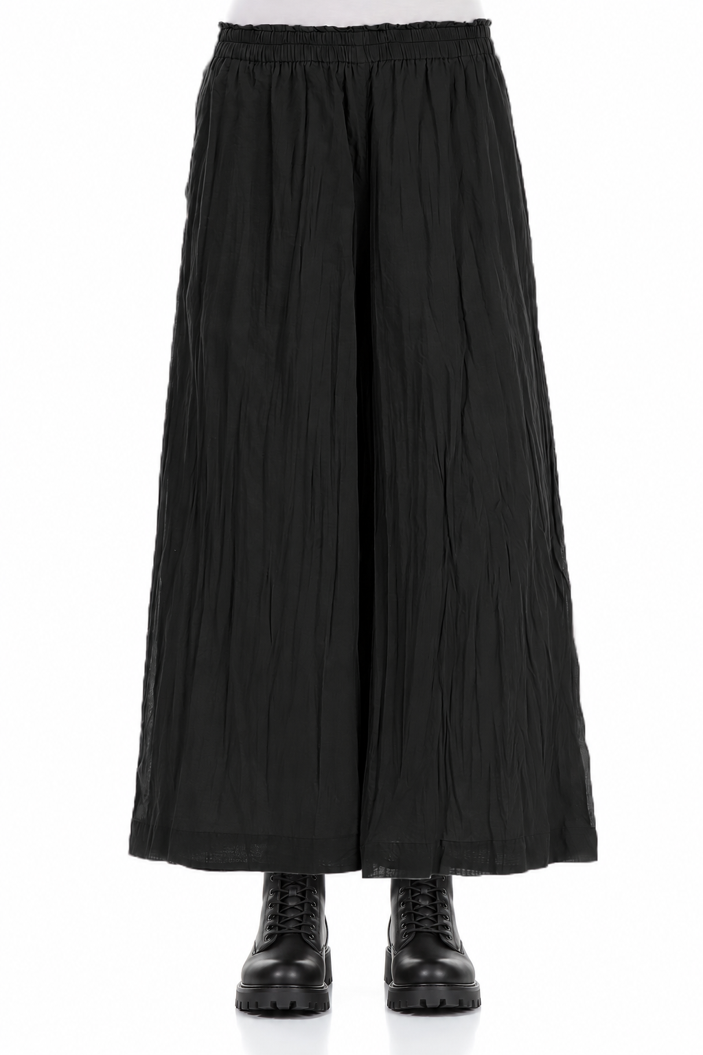 Wide Cropped Black Crumpled Cotton Trousers 1