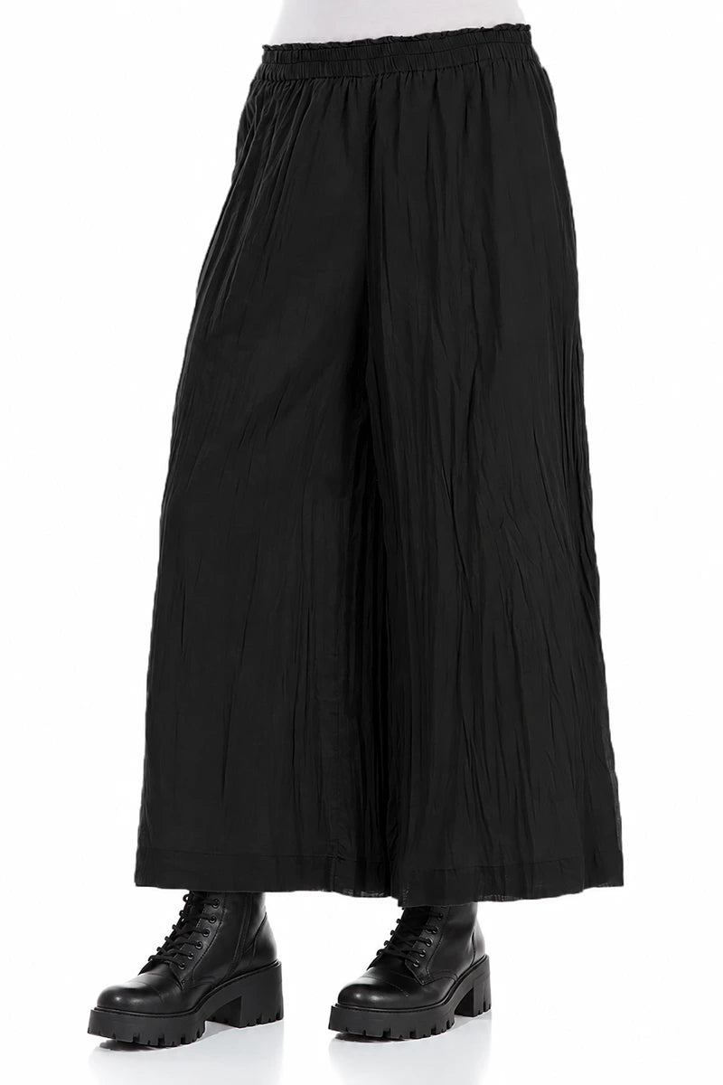 Wide Cropped Black Crumpled Cotton Trousers 3