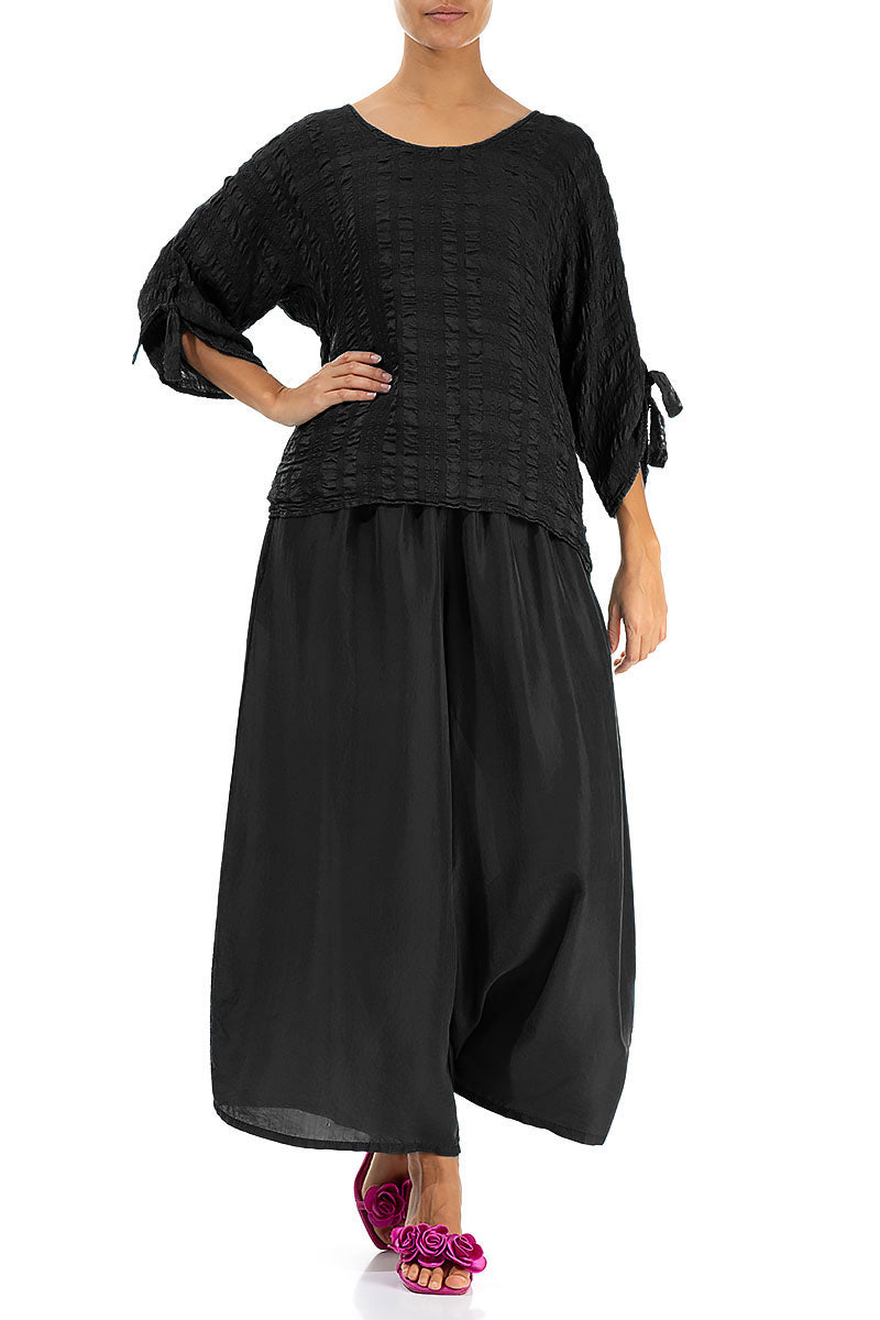 Cropped Wide Black Pure Silk Trousers 4