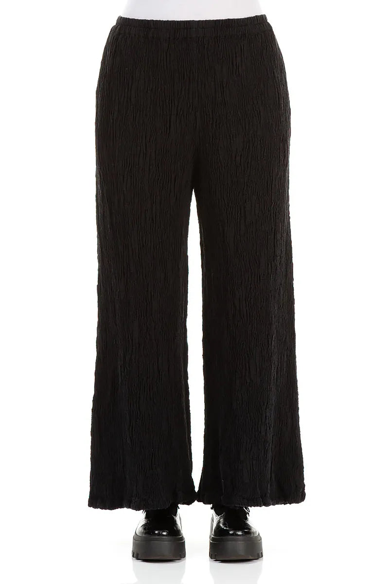Wide Black Textured Silk Linen Trousers