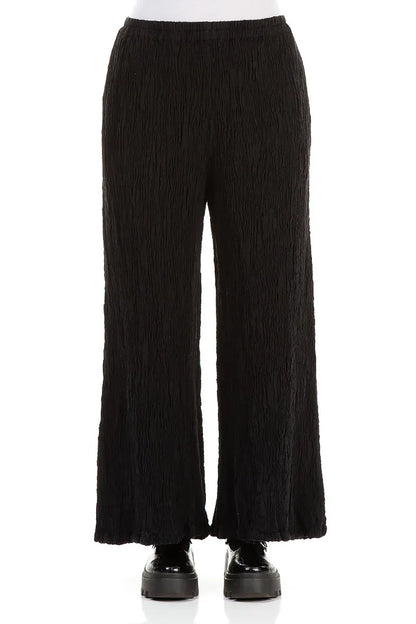 Wide Black Textured Silk Linen Trousers