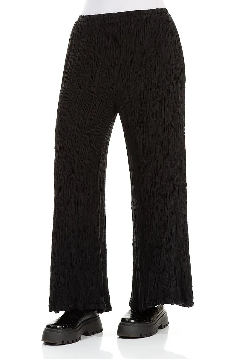 Wide Black Textured Silk Linen Trousers
