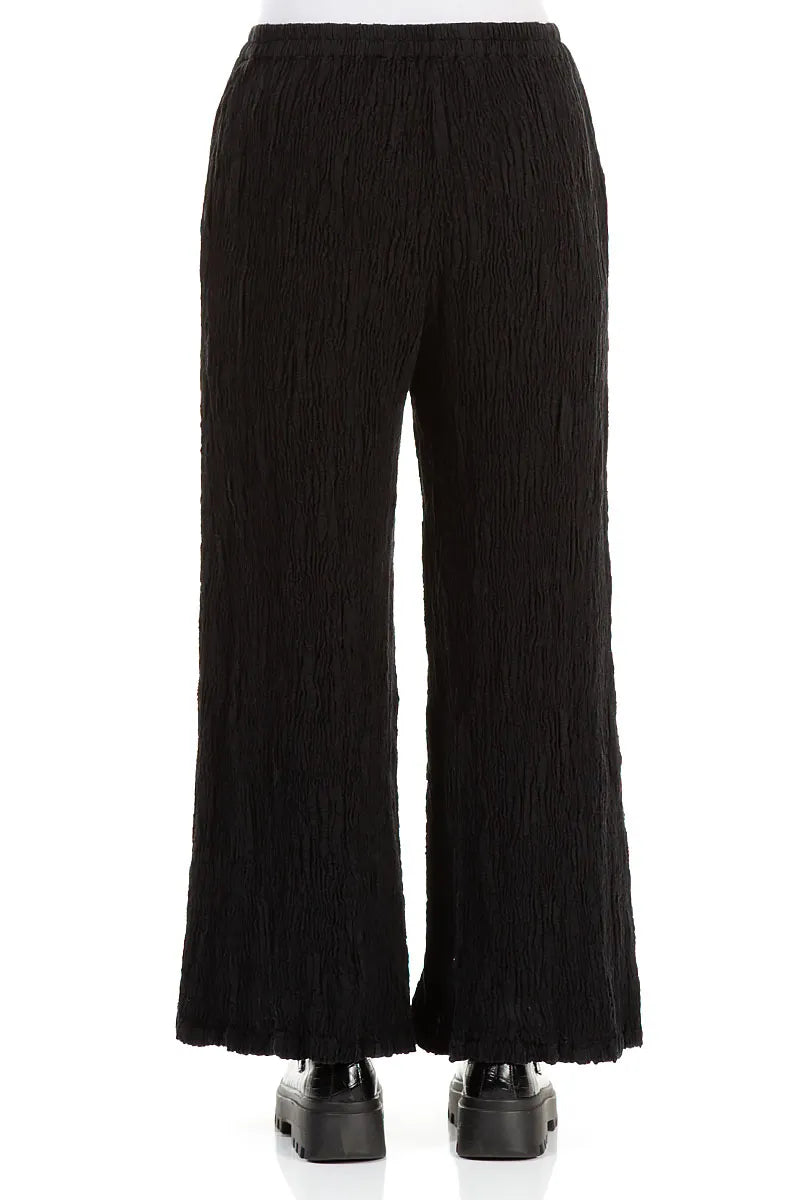 Wide Black Textured Silk Linen Trousers