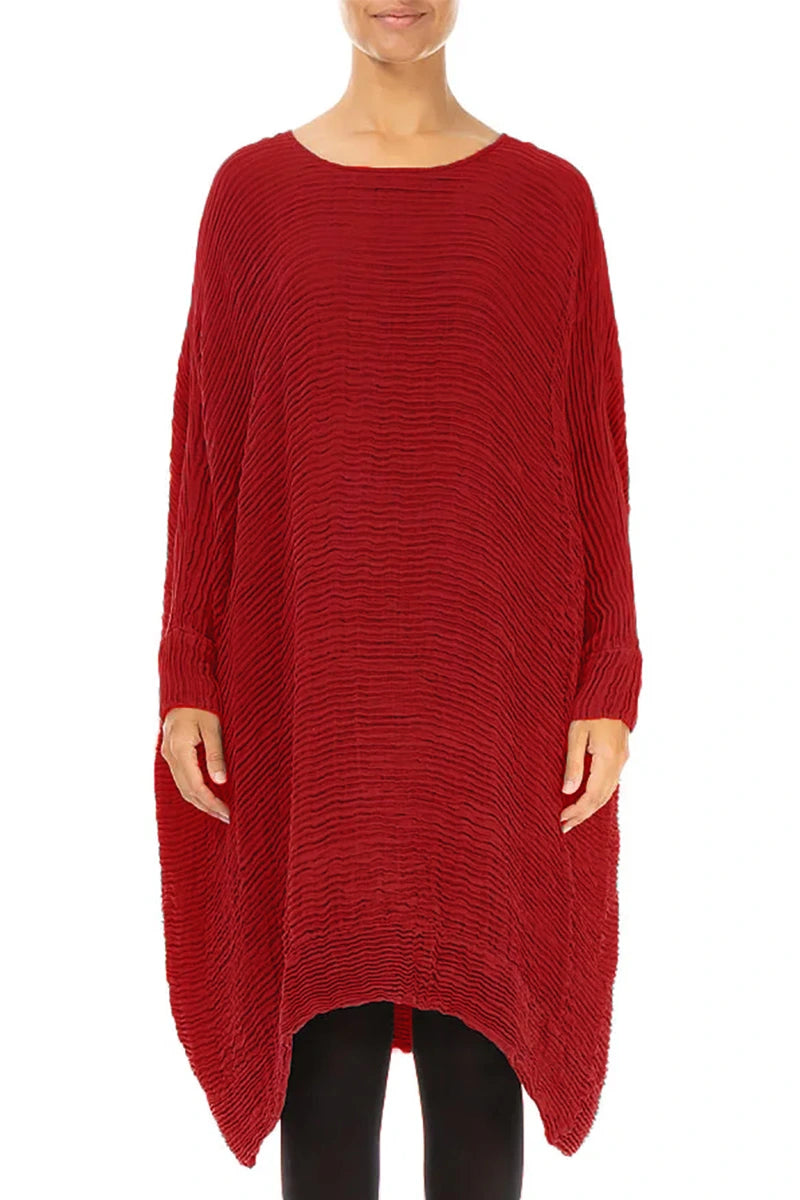 Wide Cherry Red Plissé Silk Kaftan Dress